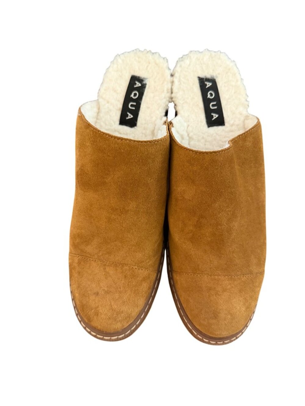 Aqua "SASHA" Brown Tan Suede Slip On Faux Cream Fur Lined Clogs Women's Size 8.5